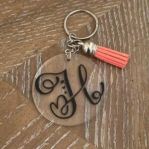 Handmade Clear Acrylic Keychain with Peach apricot  leather tassel - initial H